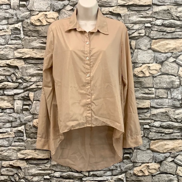 #50 Fun & Flirt Champagne Pink Metallic Shimmer Chiffon Blouse Shirt Top Tunic - Picture 3 of 5